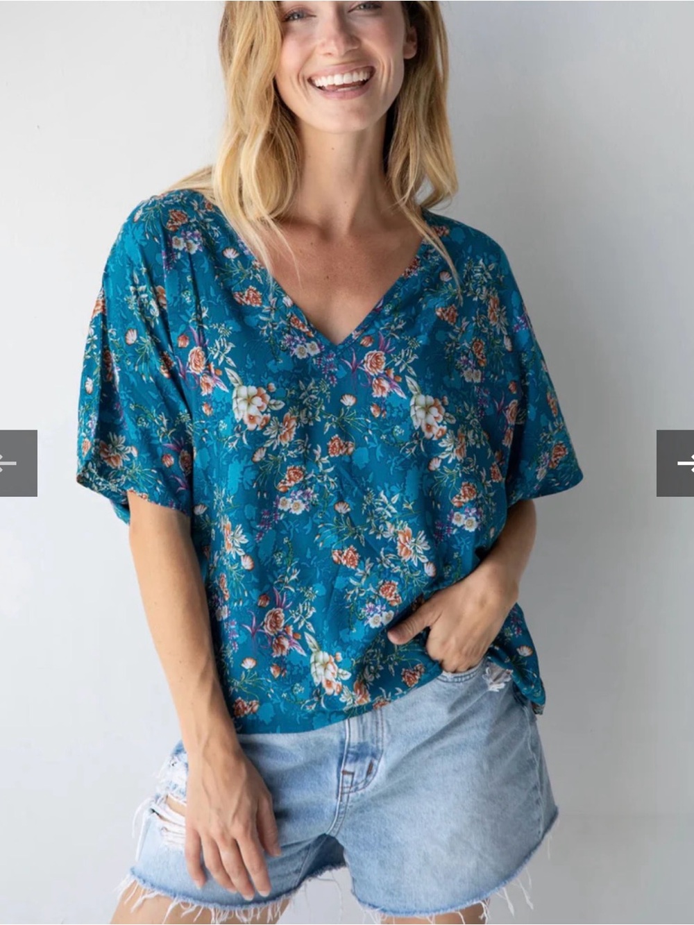 NATURAL LIFE Teal Floral V-Neck Blouse